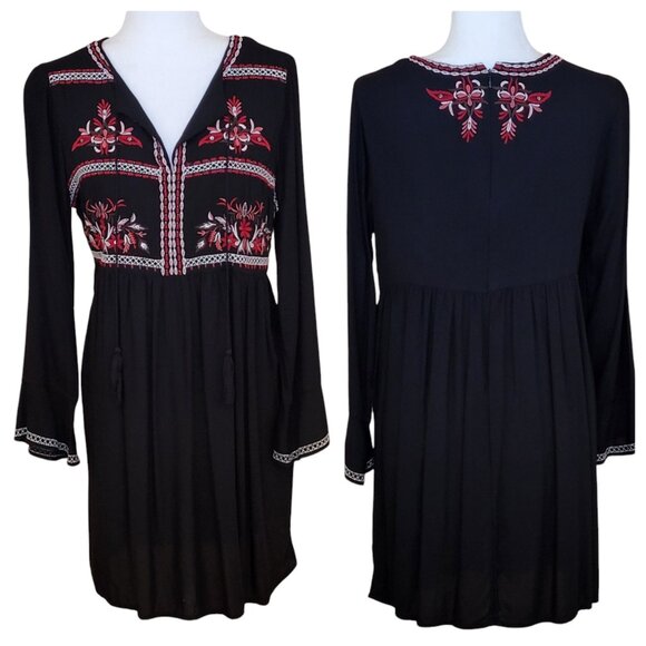 beachlunchlounge Peasant Embroidered Black Boho Mini Dress Size M - Picture 3 of 16